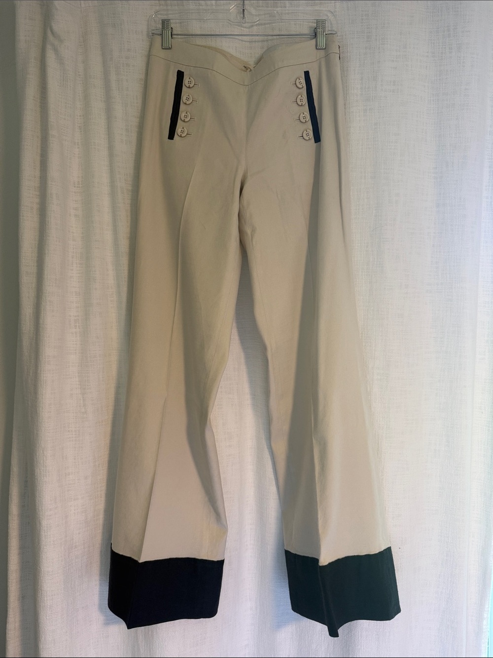 Anthropologie High-Waisted Cream Wide-Leg Sailor Pants with Black Trim